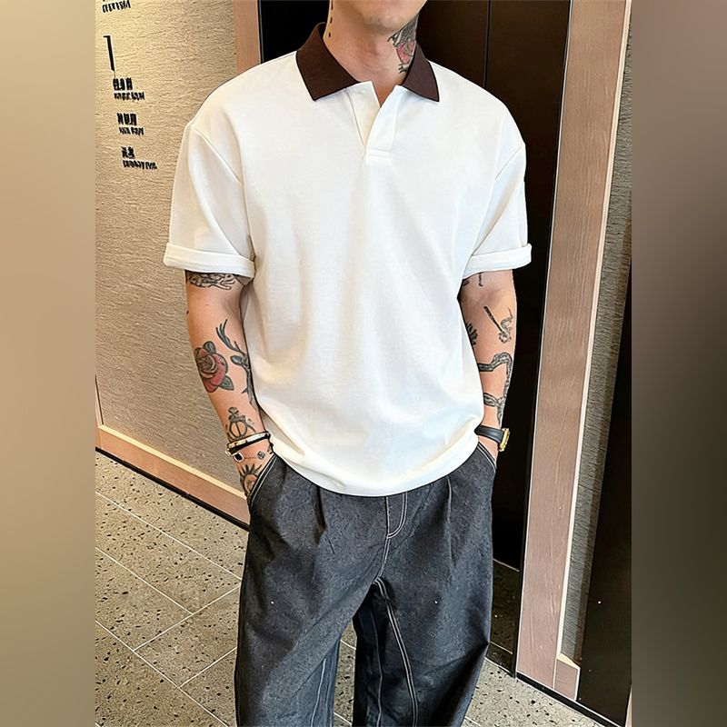 Light Luxury Old Money Style Textured Ribbed V-Neck Short-Sleeve Men's Summer Color-Block Polo Knit Shirt