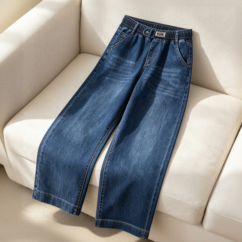 Elastic Waist Straight-Leg Jeans for Women, Autumn 2026 New Style, Loose Fit, Plus Size, Narrow Version, Casual Wide-Leg Pants