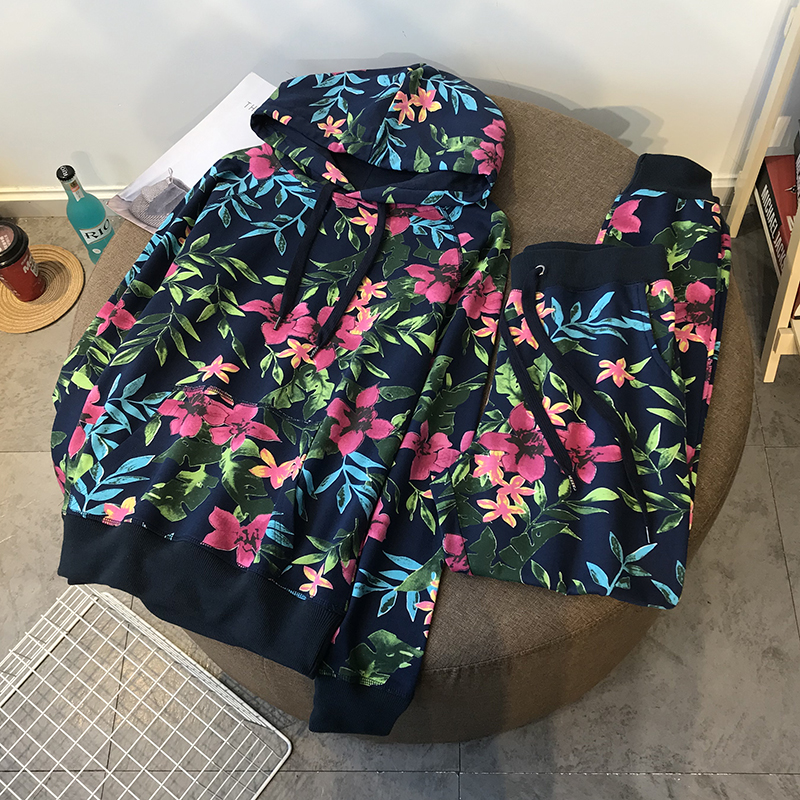 2021 autumn new net red printed hooded sweatshirt suit women loose fashion sports casual Western style two-piece set