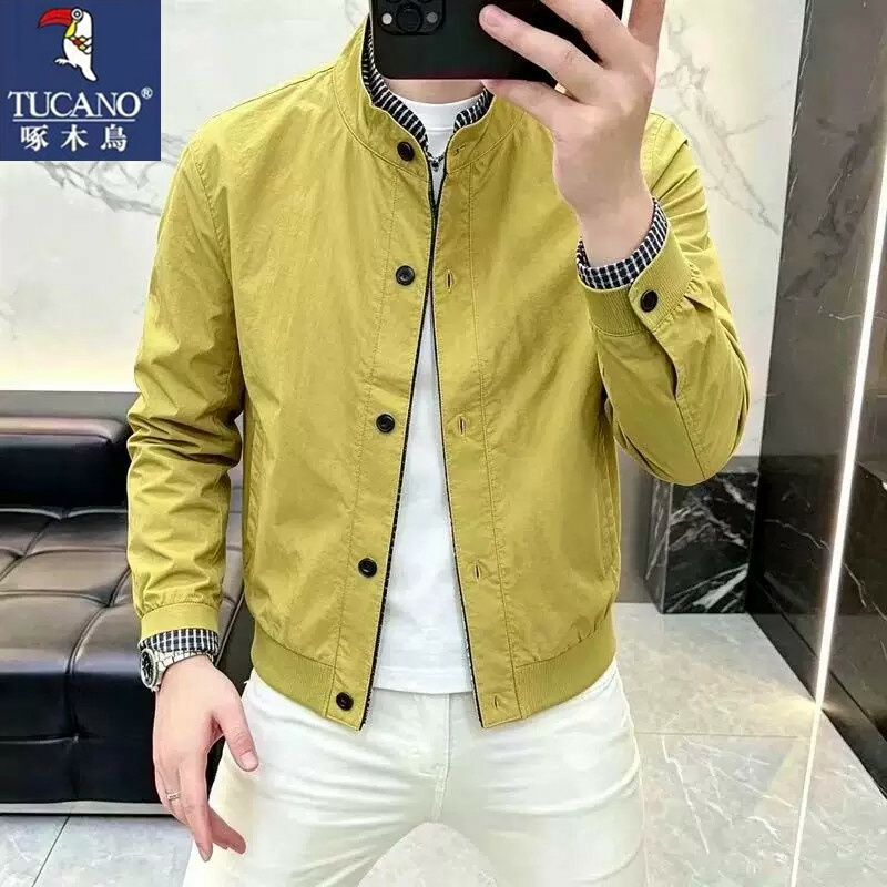 Woodpecker 2026 Simple European Style Spring and Autumn Men's Jacket with Stand Collar, Fake Two-Piece, Fashionable Slim Fit, Light Luxury Casual Men's Jacket