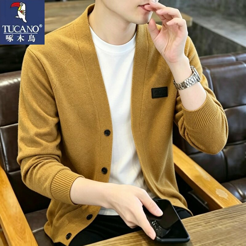 Woodpecker High-End Spring and Autumn New Men's Trendy Stylish Casual Versatile Fashionable V-Neck Knitted Cardigan Jacket