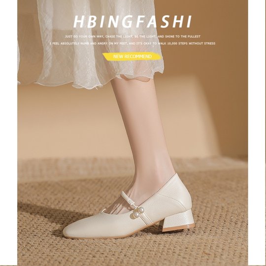 超软！！真皮法式低跟方头裸色玛丽珍鞋旗袍单鞋工作皮鞋通勤女鞋