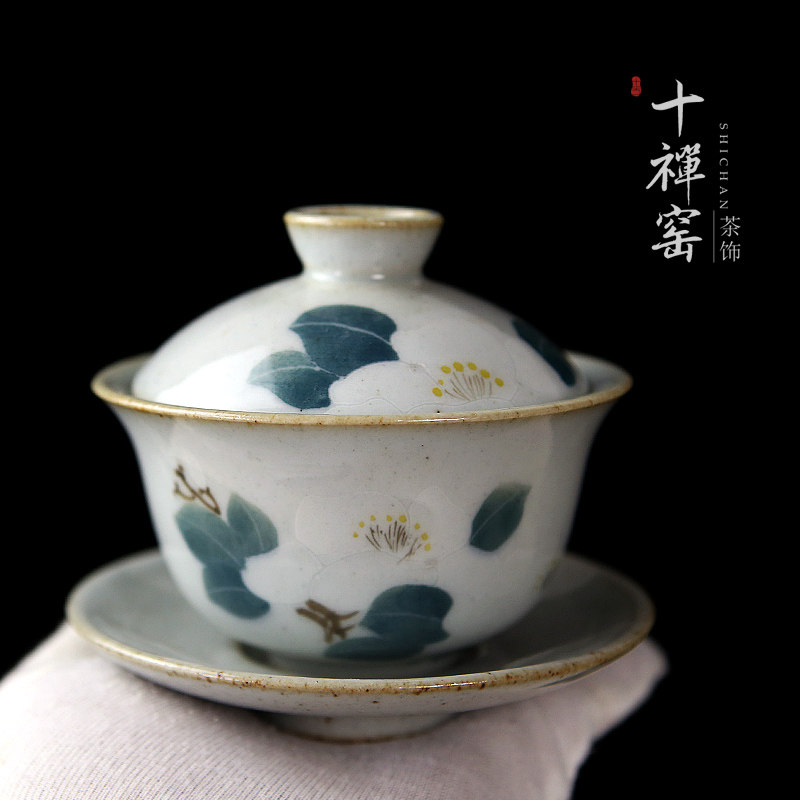 ten Zen kiln cover bowl large number ceramic tea tea tea cup tea tea bowl Jingdezhen Handpainted powder color coarse pottery 3-only bowl