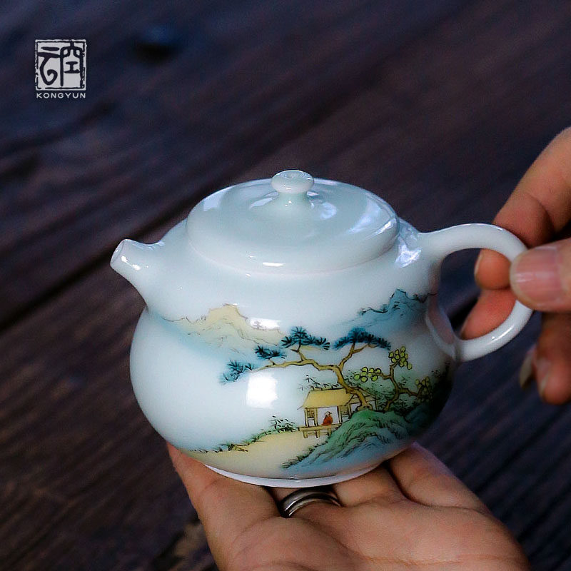 Empty cloud hand-painted humanistic landscape ceramic pot Jingdezhen Celadon retro Teapot Kung Fu Teapot Teacup Single cup