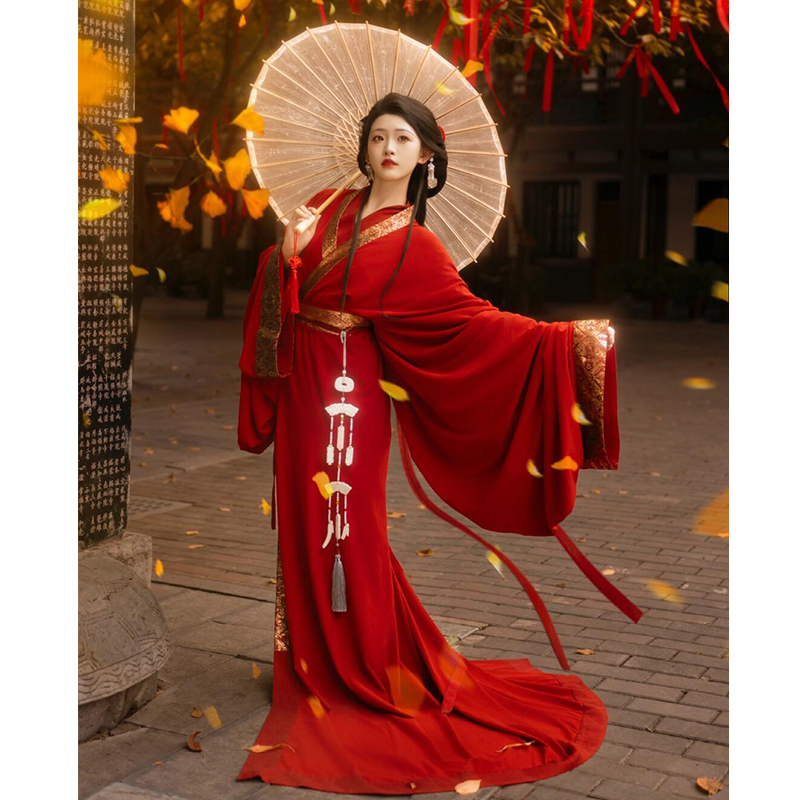 Red Spring and Autumn Hanfu for Women 2026 New Adult Ancient Style Straight Skirt Traditional Women's Clothing with Large Sleeves for Petite Figures, Warring States Robe