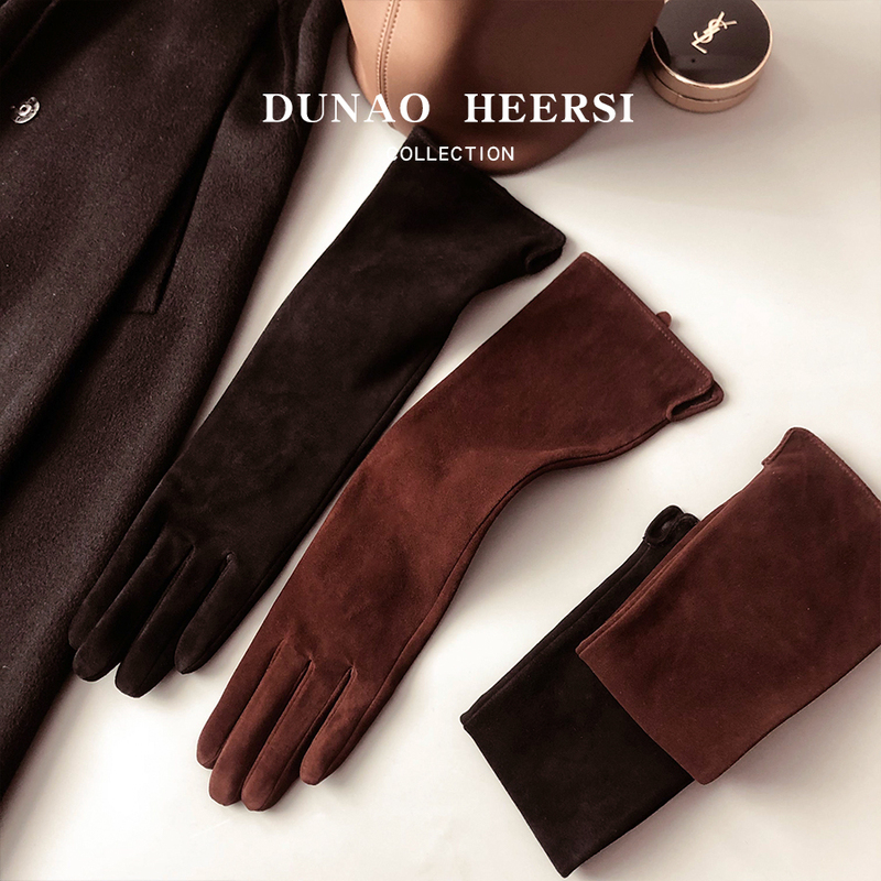 Soft 100% Suede Genuine Leather Gloves for Women, Autumn and Winter, Extra-Long Arm Warmers, Fashionable Thin Sleeves