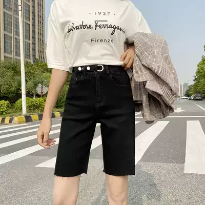 Black high-waisted denim shorts women's summer loose wide legs large size elastic fat mm200 kg Joker five-point pants tide