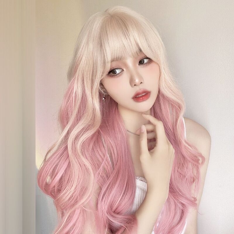 In the Spring Season, Barbie Pink Platinum Gradient Pink Long Curly Hair Trendy Cool Internet Celebrity Gradient Color Big Wave Full Wig