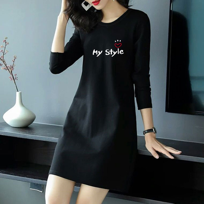 Korean Style Pure Cotton Dress, Autumn and Winter Mid-Length Plus Size Women's Clothing 100kg Slimming Long-Sleeve T-Shirt Dress Base Dress