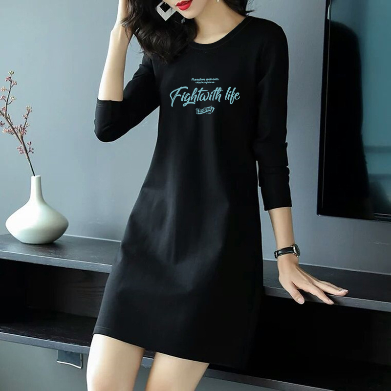 Plus-Size Pure Cotton Base Dress for Women, Early Autumn 2025, Casual and Lazy Style, Mid-Length Straight Long-Sleeve Dress