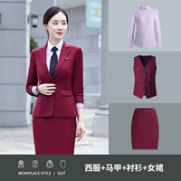 Бордовая мини-юбка, жилет, рубашка