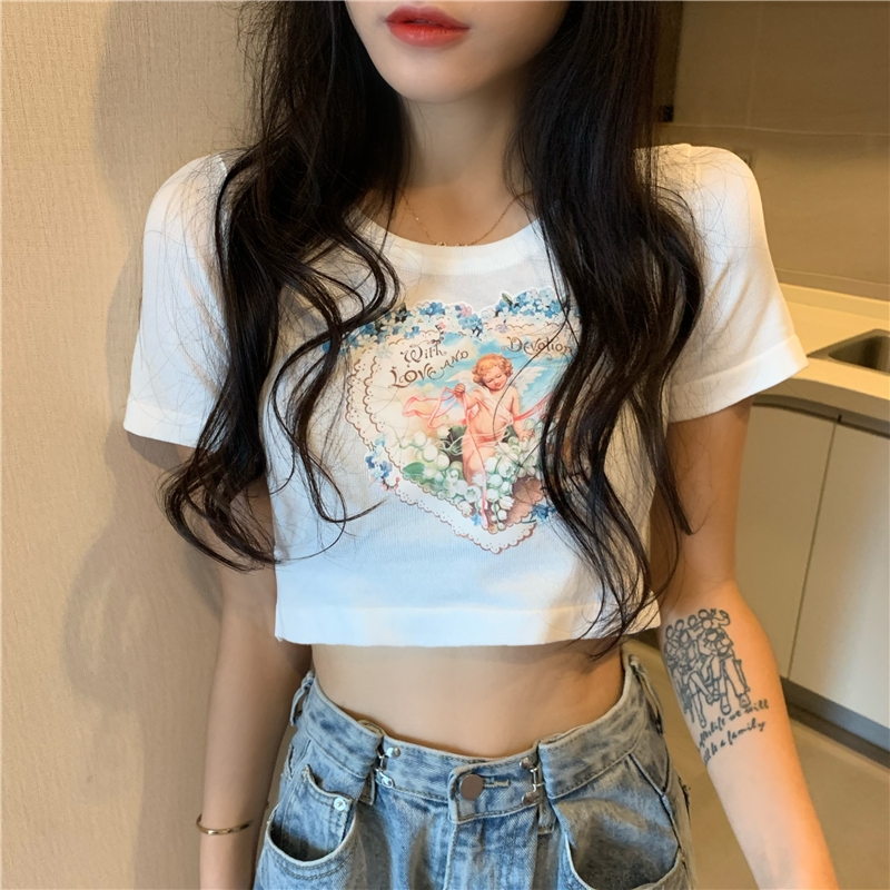 Tím chặt ngắn đan áo len angel in ròng nhiều nhất màu đỏ ngắn tay áo t-shirt ins triều siêu lửa đầy đủ của mùa hè