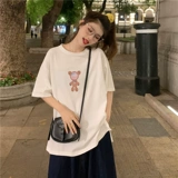 Белая хлопковая летняя футболка с коротким рукавом, с медвежатами, свободный крой