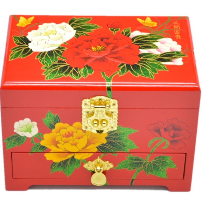 Flat remote lacquer Mudan flowers open rich and expensive bride wedding gift box with lock woody dowry wedding gift make-up box gift