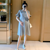Pregnant womens summer short sleeve coat tide mom fashion loose pregnant womens dress summer skirt breast dress long