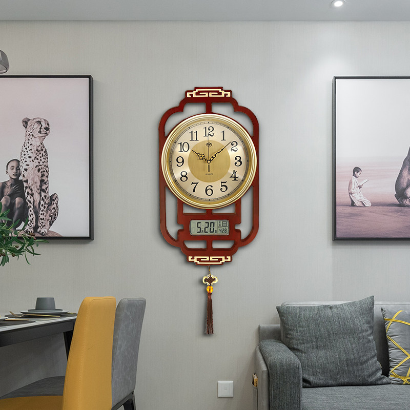 New Chinese wall clock living room home fashion Chinoiserie clock simple perpetual calendar mute clock solid wood quartz clock