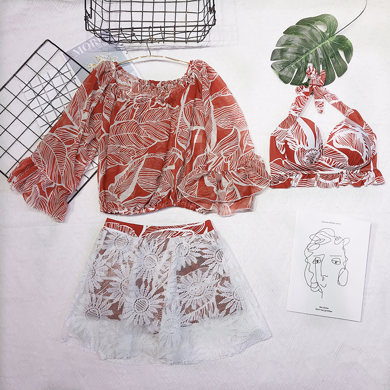 Three-Piece Swimsuit Two-Piece Lace High Waist Skirt Shading Belly Skinny Chest Gathered Sunscreen Hot Spring Swimsuit