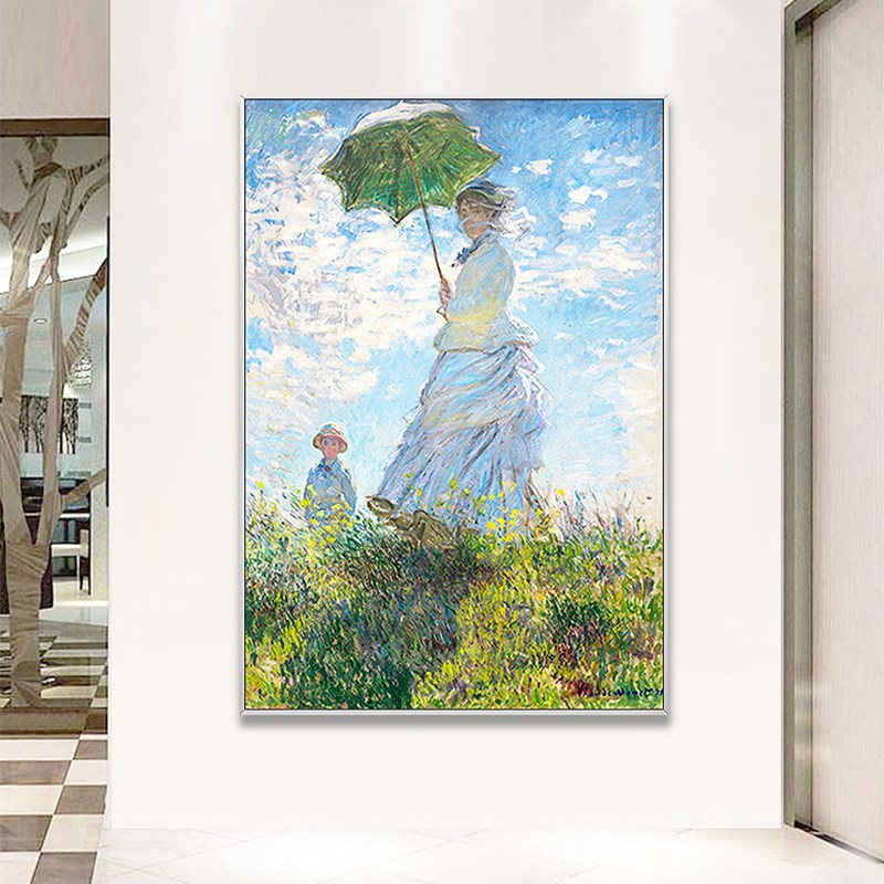 Oil painting hand-painted woman background umbrella corridor decoration painting living room famous painting aisle modern entrance Monet hanging painting