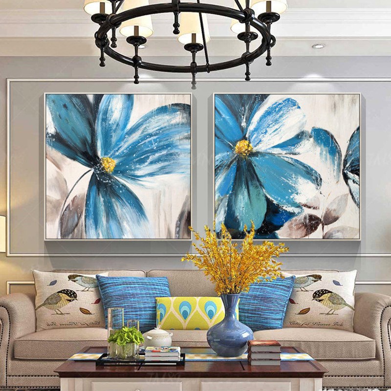 Pure hand painted oil painting blue butterfly floral Nord style sofa Background wall decoration painting Two Lionguan Living room hanging painting