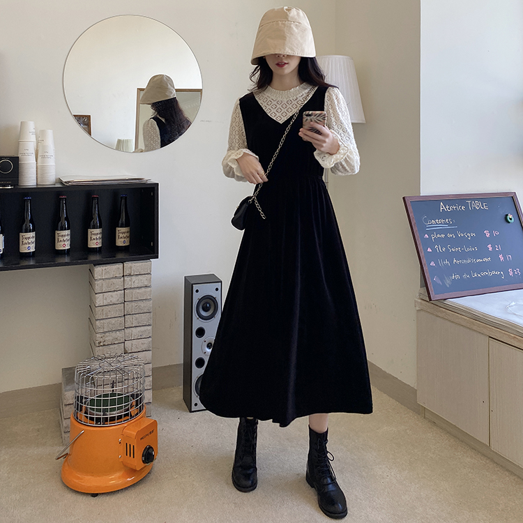 Real price winter collar lace patchwork dress gold velvet French retro skirt children