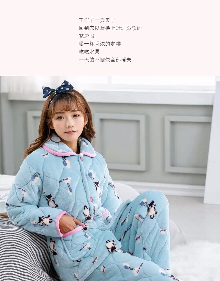 Phụ nữ mùa đông san hô nhung nhung đồ ngủ phụ nữ ấm áp ba lớp dày cộng với flannel nhung dễ thương dịch vụ nhà phù hợp bộ đồ mặc nhà mùa hè