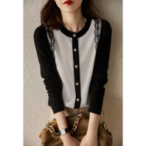 Elegant and touching simple lace stitching crew neck wool knitted cardigan single row metal buckle EGZY47125