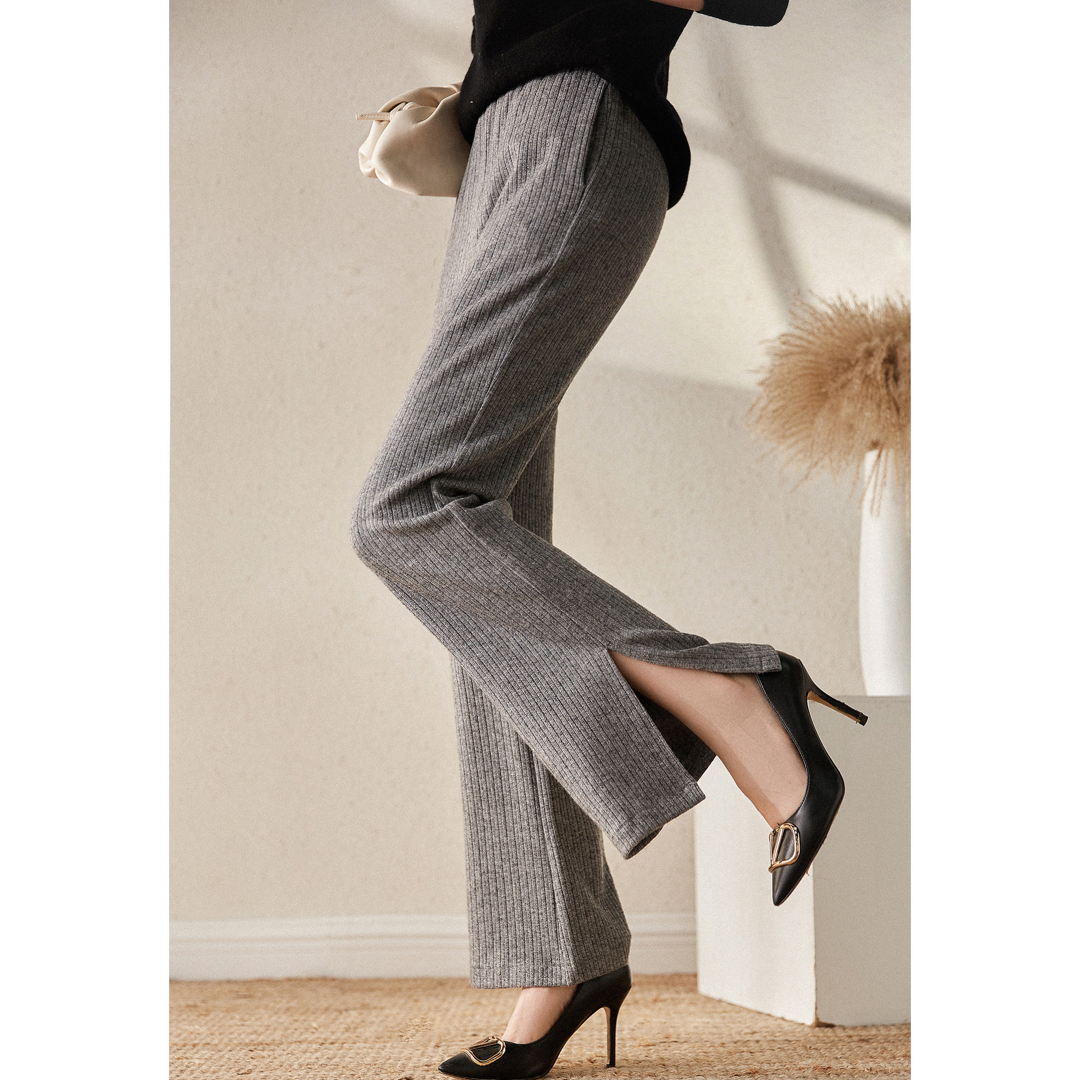 Commuter Pure Color Straight Cylinder Display Slim Casual Knit Pants Chopsticks leg tightness waist side open fork ELZB45856