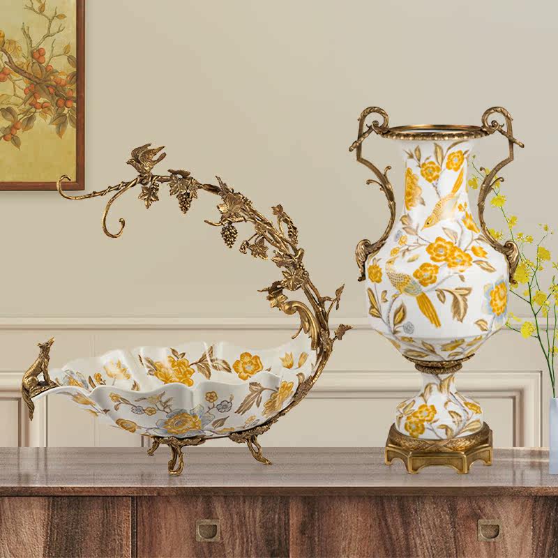 European-style brass with ceramic autumn language series vase flower fruit plate villa living room desktop retro decoration ornaments