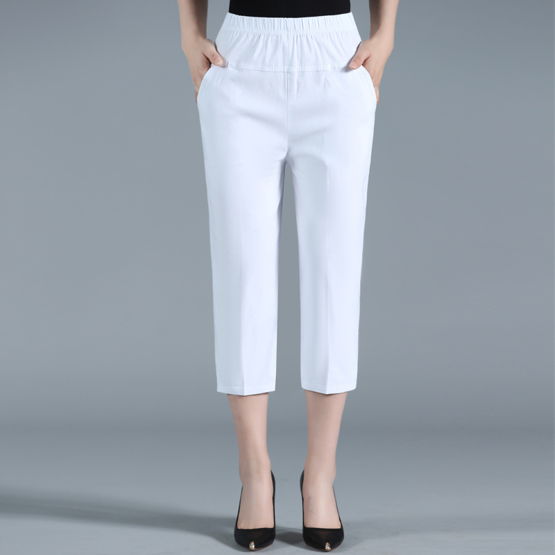 Middle-Aged and Elderly Women's Pure Cotton Stretchy Capri Pants, Summer Loose Fit, Simple Casual Straight-Leg Mid-Length Pants with Elastic Waistband Middle-Aged and Elderly Women's Pure Cotton Stretchy Capri Pants, Summer Loose Fit, Simple Casual Straight-Leg Mid-Length Pants with Elastic Waistband