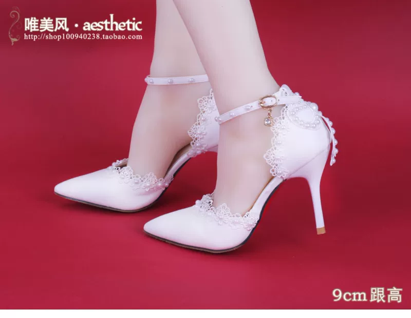 Mùa hè cao gót trắng bên ren ngọc trai giày stiletto nhọn dép đế dày hình ảnh đám cưới dép nữ - Sandal