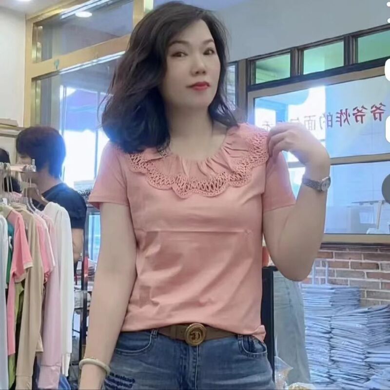 Summer New Style Slimming and Stylish Short-Sleeved Lace Elegant Ruffle Age-Reducing Fashionable Belly-Covering T-Shirt Top for Women Summer New Style Slimming and Stylish Short-Sleeved Lace Elegant Ruffle Age-Reducing Fashionable Belly-Covering T-Shirt Top for Women