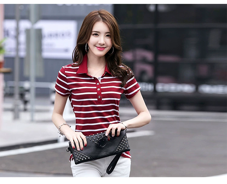 Áo thun sọc ngắn tay có ve áo, áo thun polo cotton nữ, váy mùa hè, áo crop top nữ. - Áo phông