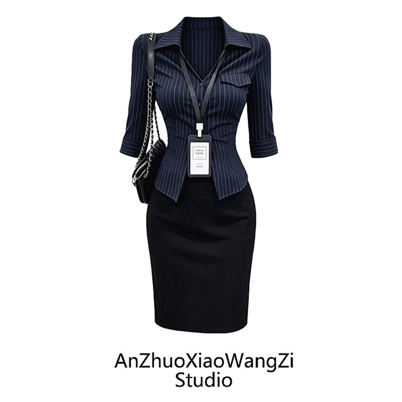 Commuter Style Lapel Collar Navy Blue Striped Mid-Sleeve Shirt with a Fitted Skirt Set for Women, Giving a Mature and Elegant Look, Slimming and Intellectual Vibe, 2026 Commuter Style Lapel Collar Navy Blue Striped Mid-Sleeve Shirt with a Fitted Skirt Set for Women, Giving a Mature and Elegant Look, Slimming and Intellectual Vibe, 2026
