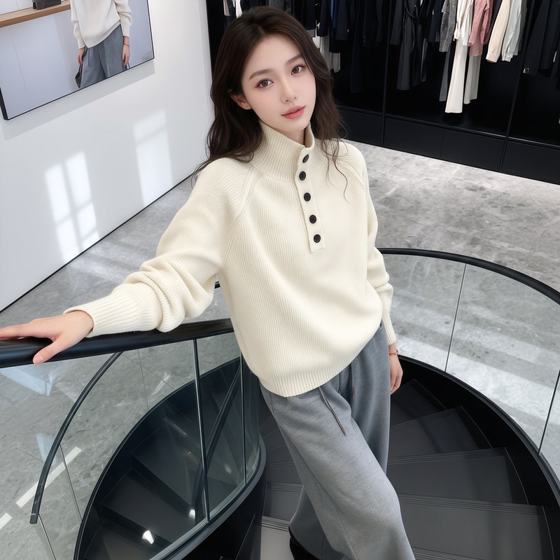 2025 Autumn and Winter New Solid Color Stand-Up Collar Long-Sleeved Knit Sweater Paired with Gray Casual Pants Two-Piece Set