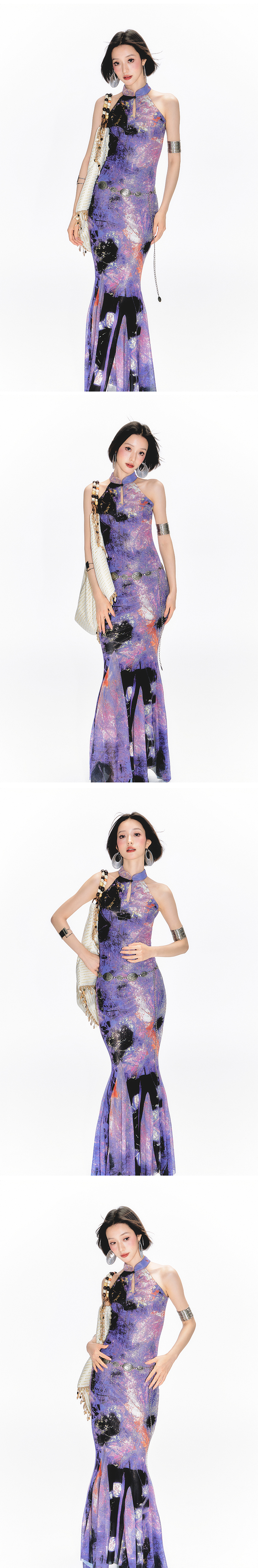 Yang Er Da Meng original National style purple printing halter  Sleeveless cheongsam Dress female New Chinese style stand collar longuette