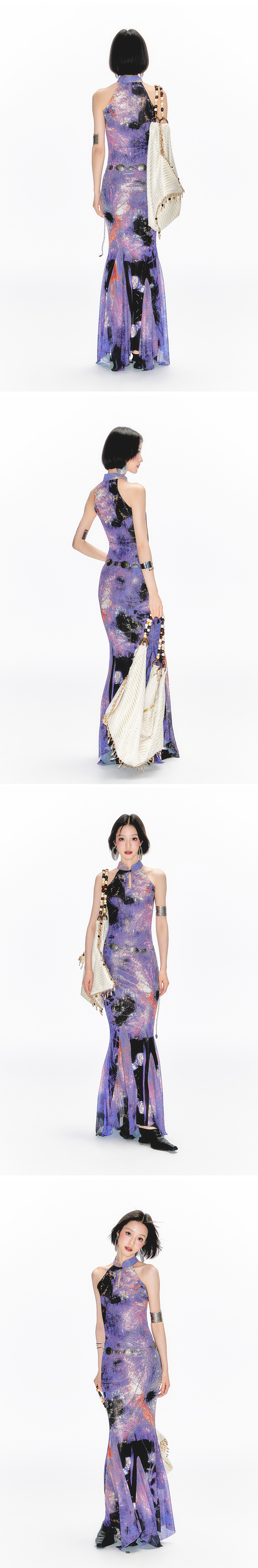 Yang Er Da Meng original National style purple printing halter  Sleeveless cheongsam Dress female New Chinese style stand collar longuette
