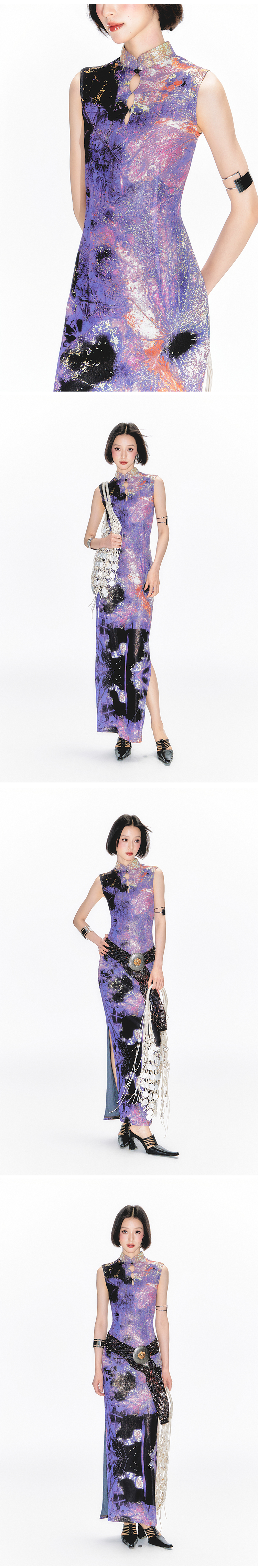 Yang Er Da Meng original National style purple printing halter  Sleeveless cheongsam Dress female New Chinese style stand collar longuette