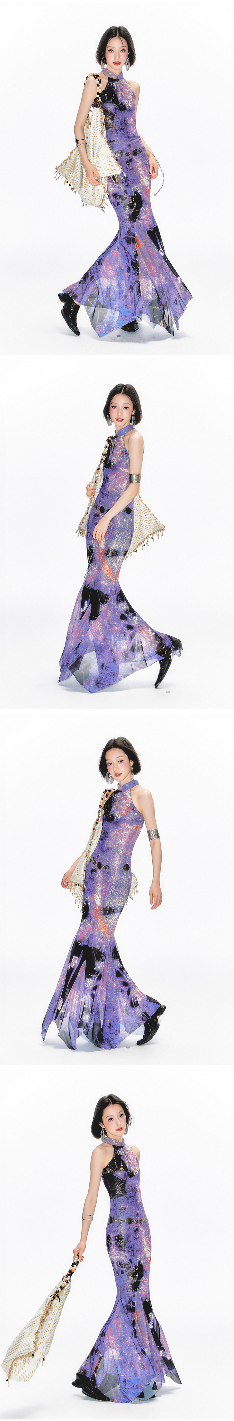 Yang Er Da Meng original National style purple printing halter  Sleeveless cheongsam Dress female New Chinese style stand collar longuette