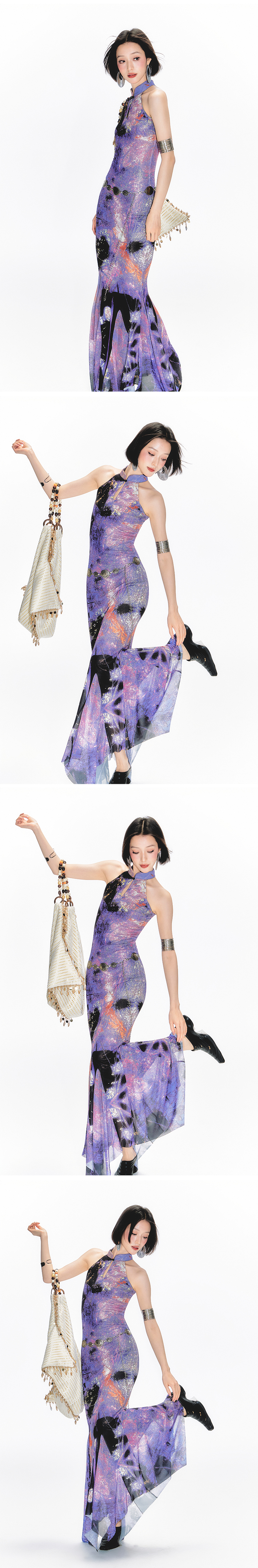 Yang Er Da Meng original National style purple printing halter  Sleeveless cheongsam Dress female New Chinese style stand collar longuette