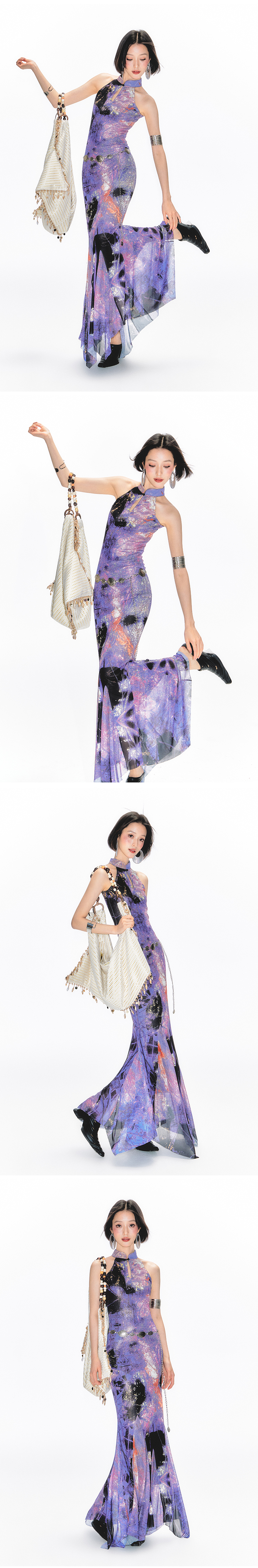 Yang Er Da Meng original National style purple printing halter  Sleeveless cheongsam Dress female New Chinese style stand collar longuette