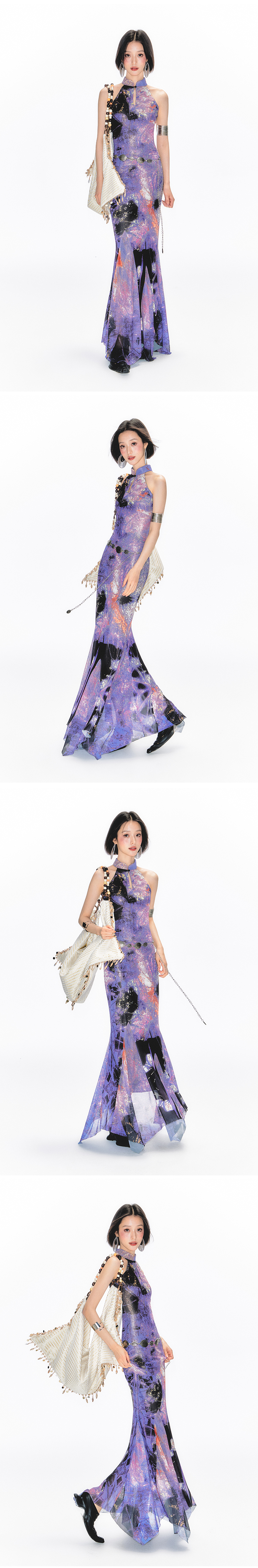 Yang Er Da Meng original National style purple printing halter  Sleeveless cheongsam Dress female New Chinese style stand collar longuette