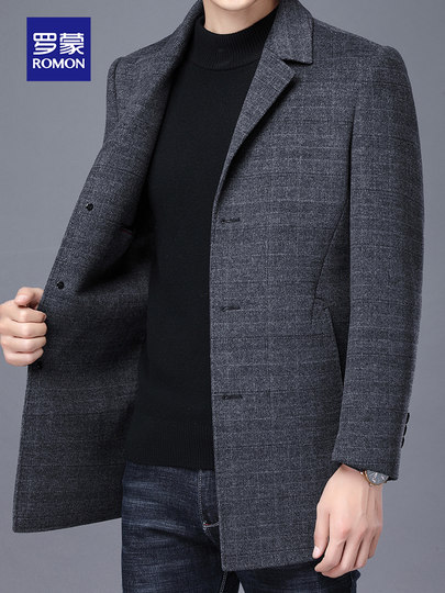 Romon men's woolen coat 2024 autumn and winter woolen blazer mid-length dad double-sided windbreaker