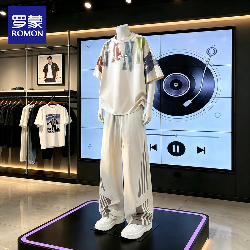 Romon Ice Silk Trendy Casual Sports Suit for Men, Summer Thin Graffiti Round Neck Short-Sleeved Straight-Leg Pants Two-Piece Set Romon Ice Silk Trendy Casual Sports Suit for Men, Summer Thin Graffiti Round Neck Short-Sleeved Straight-Leg Pants Two-Piece Set