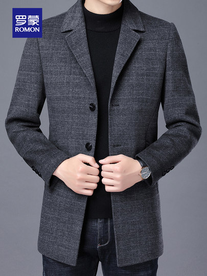 Romon men's woolen coat 2024 autumn and winter woolen blazer mid-length dad double-sided windbreaker