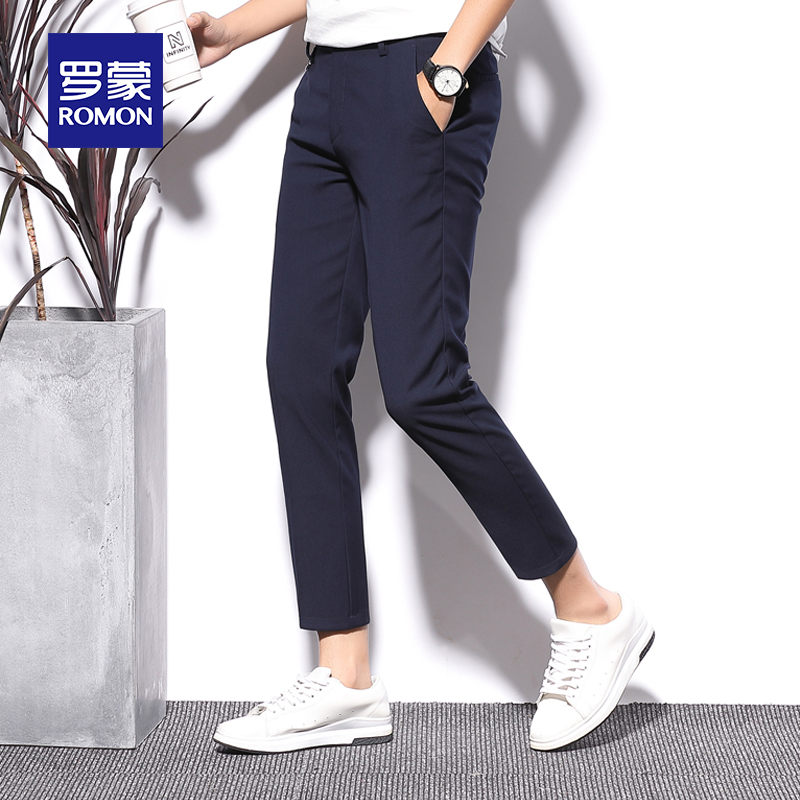 Romon nine-point casual pants men's spring and Autumn new slim small feet long pants trend youth thickened men's trousers