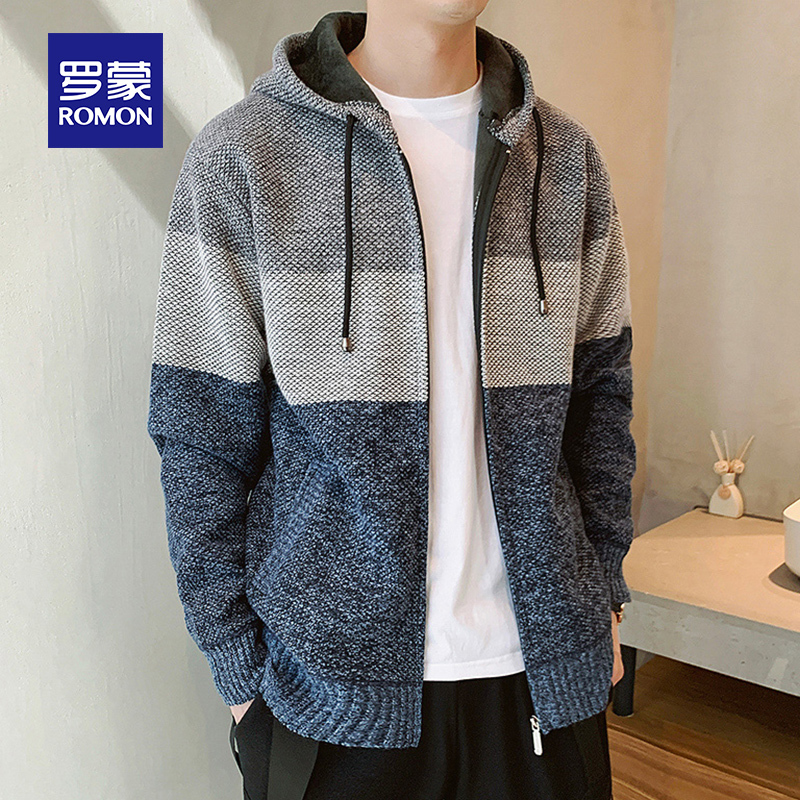 Romon Men's Hooded Cardigan Sweatshirt Autumn and Winter New Style Lamb Fleece Thickened Warm Knitted Zipper Sweater Jacket