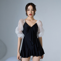 ins hot spring swimsuit female 2021 new belly thin Conservative bubble sleeve fairy fan sexy black swimsuit