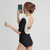 2021 new swimsuit women Net red conjoined three-dimensional flowers black simple backless fairy Air conservative hot spring bikini