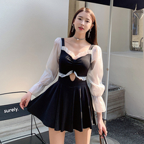 2021 new long sleeve one-piece flat corner swimsuit female sexy fairy fan Xianshen thin belly student Conservative Korean ins ins