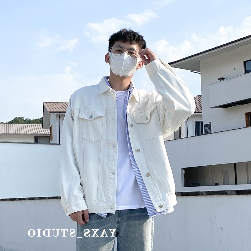 Trendy Men's High-End Solid Color Workwear Denim Jacket, Spring and Autumn Trendy Street Style Jacket, Cool and Versatile Fleece-Lined Top